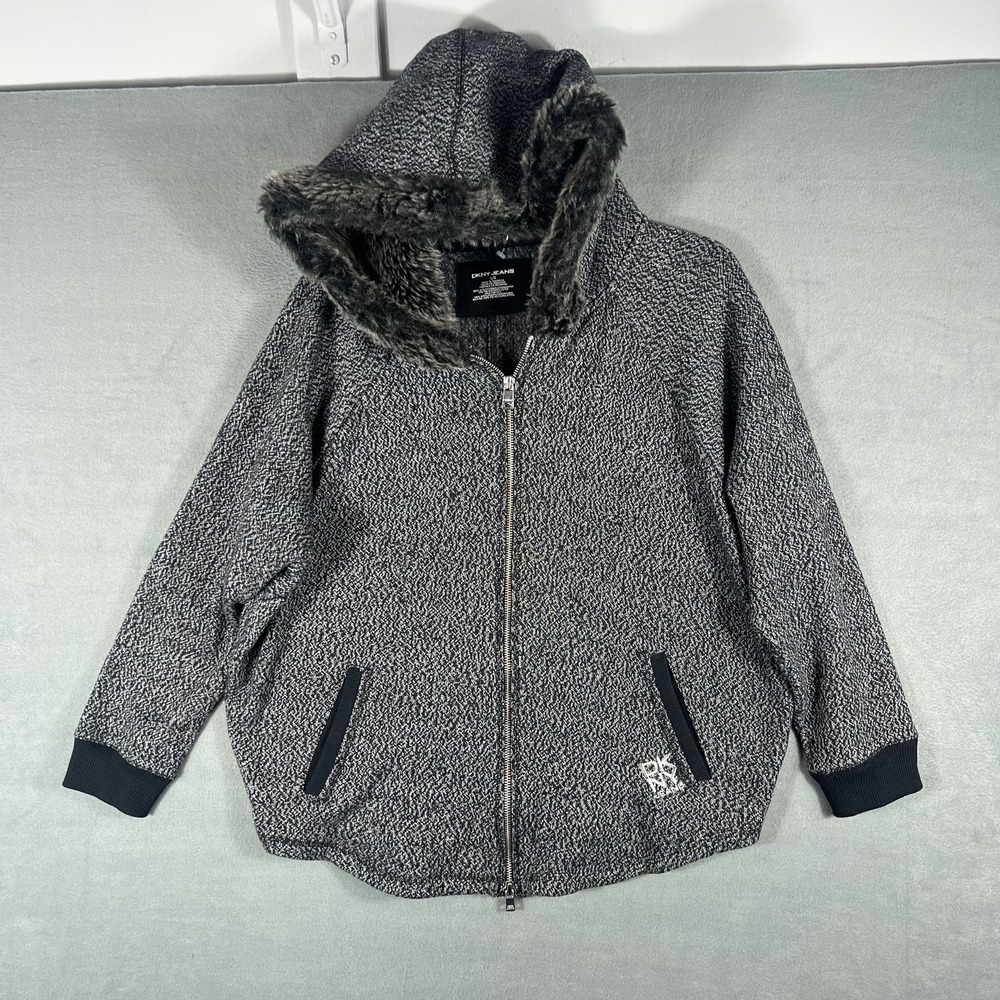 DKNY Jeans Women's L/G Gray Heathered Full‎ Zip Hoodie Jacket Faux Fur Trim